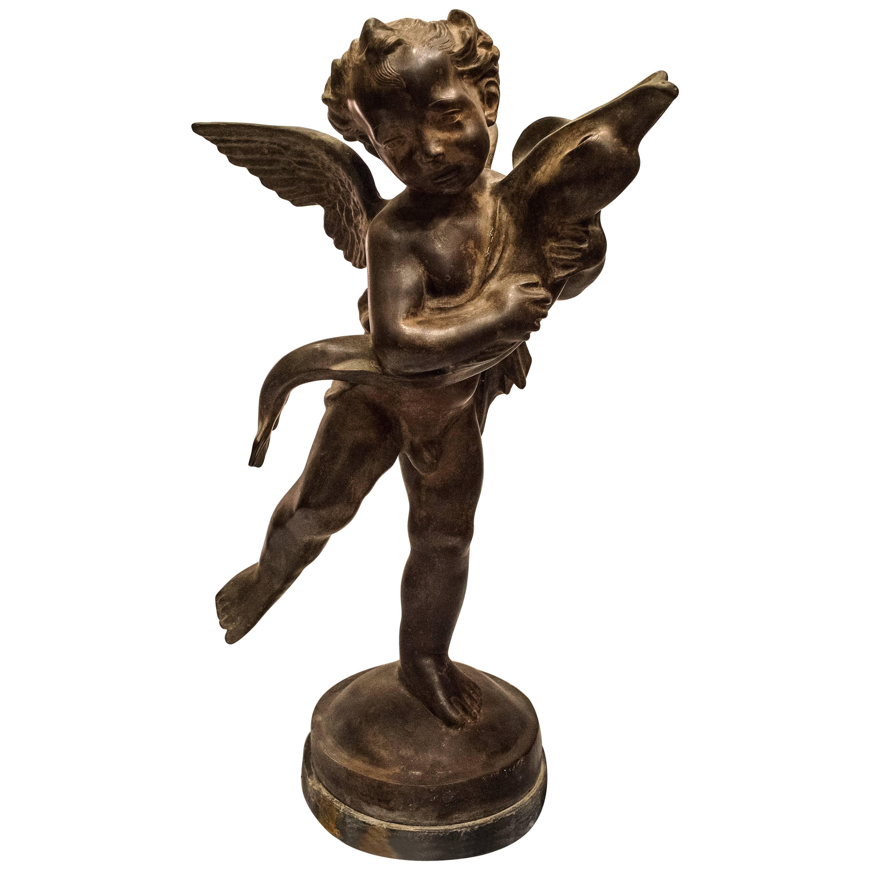 19th Century Patinated Bronze French Sculpture "Putti with a Dolphin”