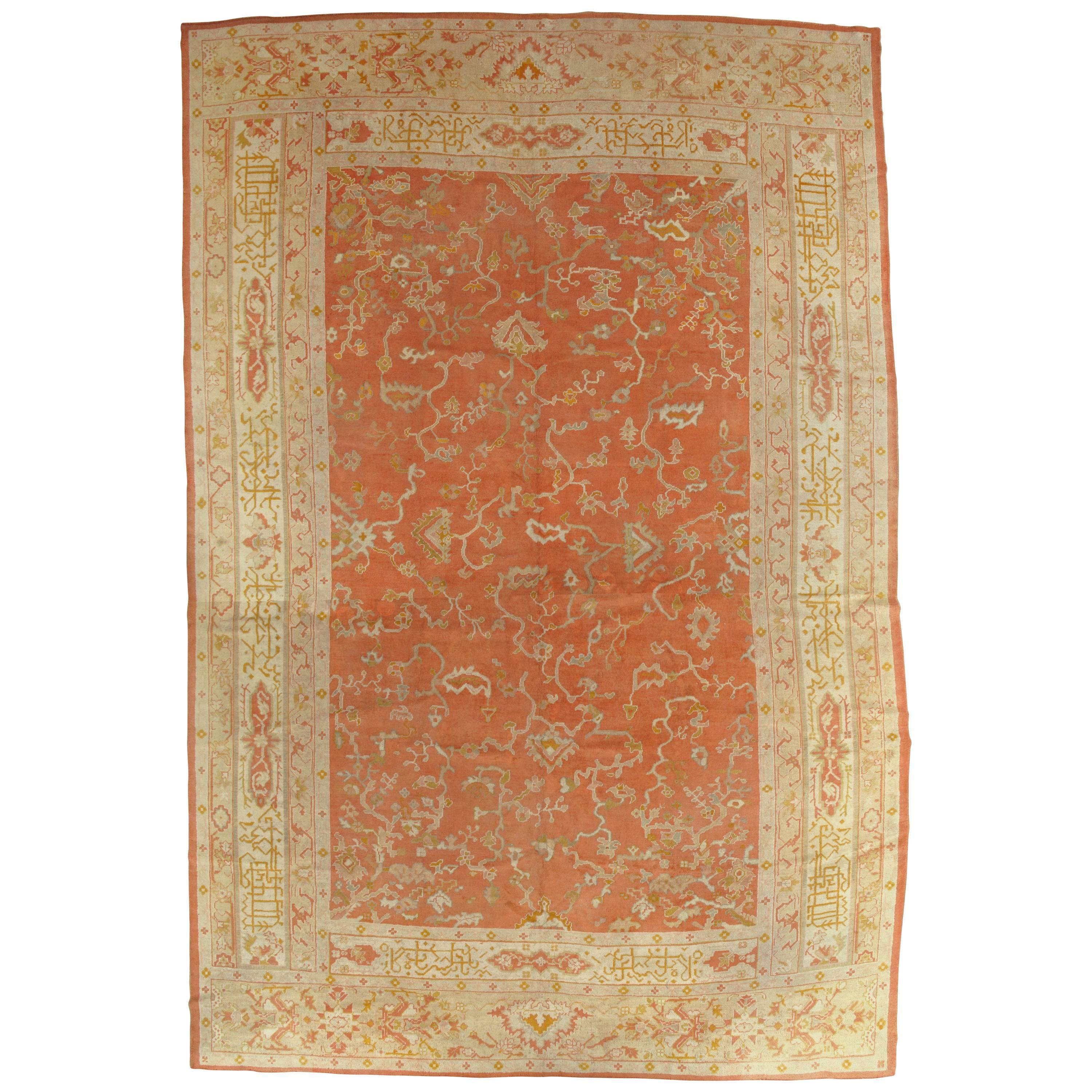 Antique Oushak Turkish Carpet, Handmade Coral, Ivory, Saffron
