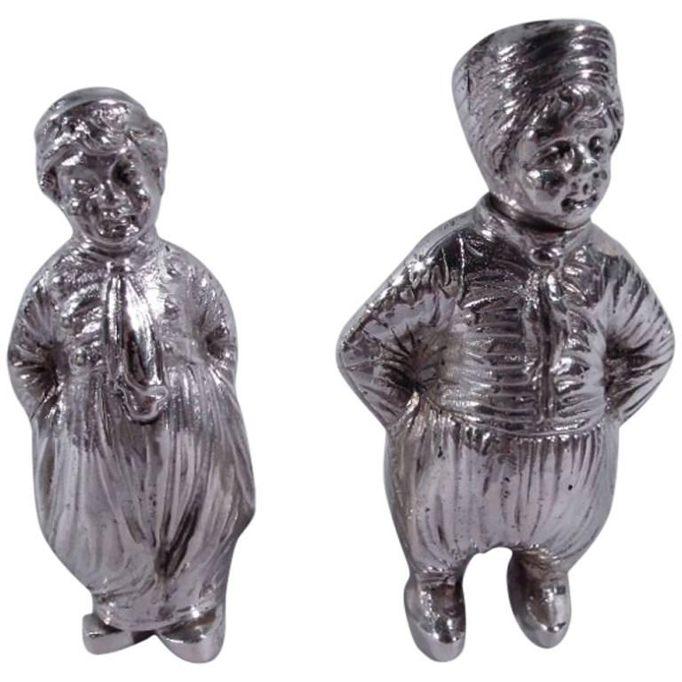 Pair of German Silver Country Children Salt and Pepper Shakers
