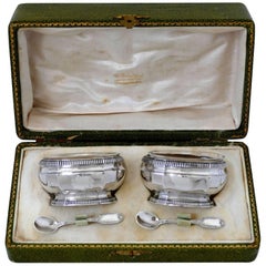 Antique Puiforcat French Sterling Silver Gold 18-Karat Salt Cellars Pair, Spoons, Box