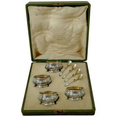 Used Coignet French Sterling Silver 18-Karat Gold Four Salt Cellars, Spoons, Box