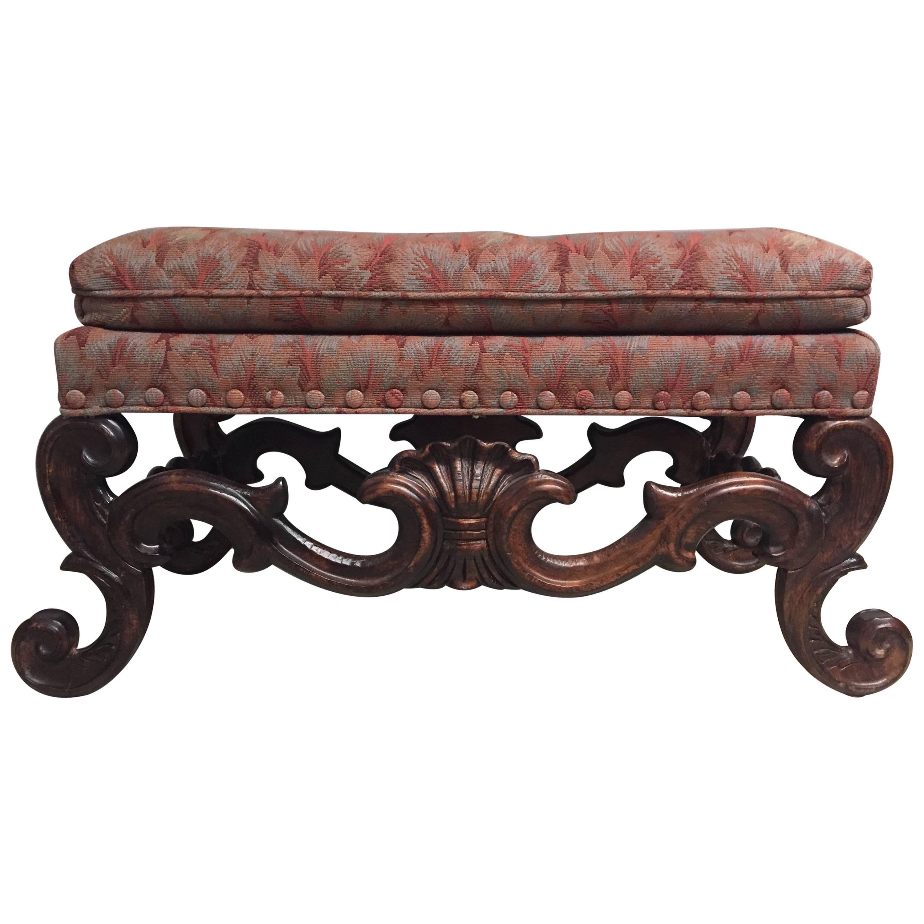 Regal Baronial Carved Wood and Upholstered Bench by Baker