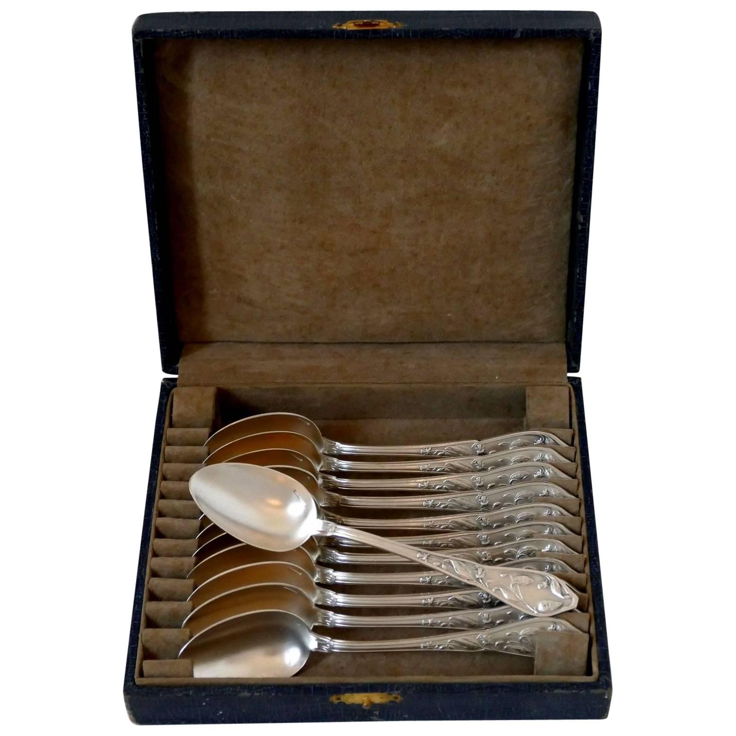Boulenger Masterpiece French Silver Tea Coffee Spoons Set, Cocoa Bean, Box For Sale
