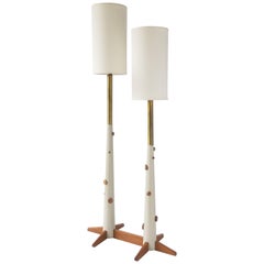 Vintage 1960s Twin Pole Floor Lamp in Lacquered Wood and Brass , USA