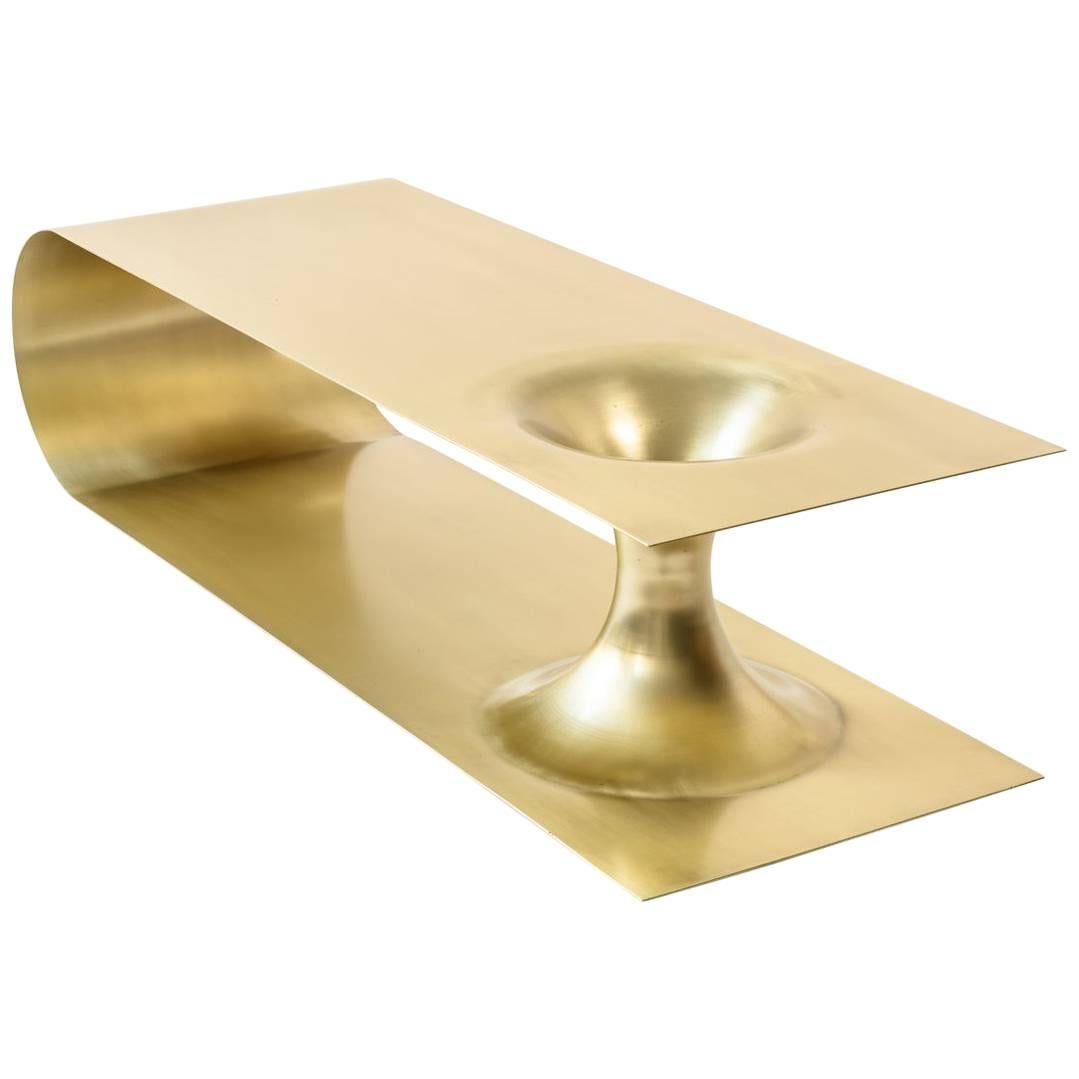 Wormhole Coffee Table End Table in Brass Plated Steel For Sale