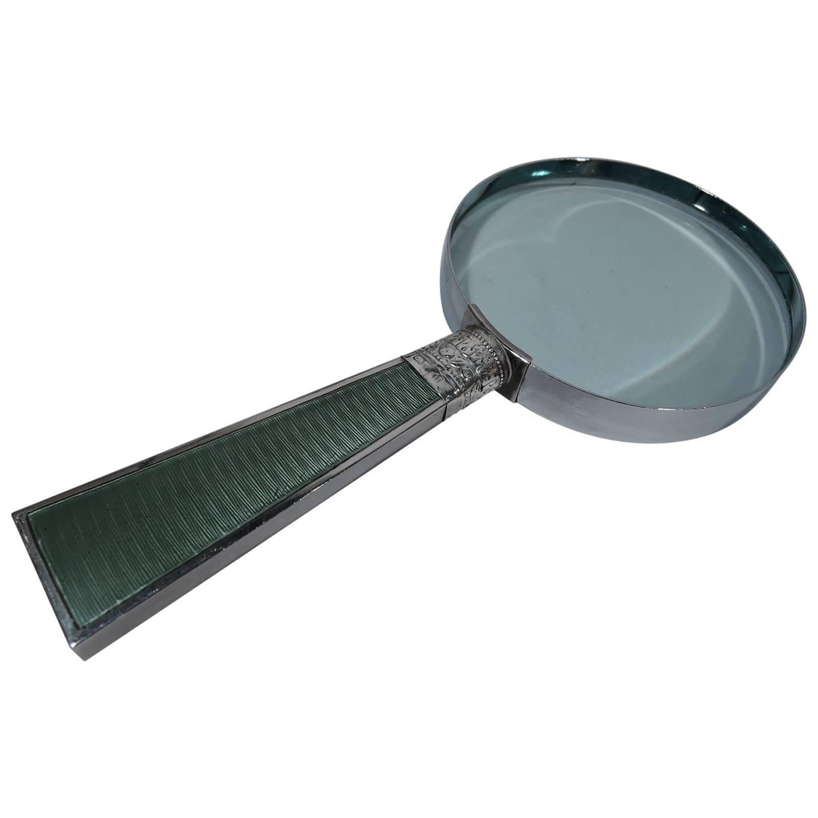 English Sterling Silver and Celadon Green Enamel Magnifying Glass