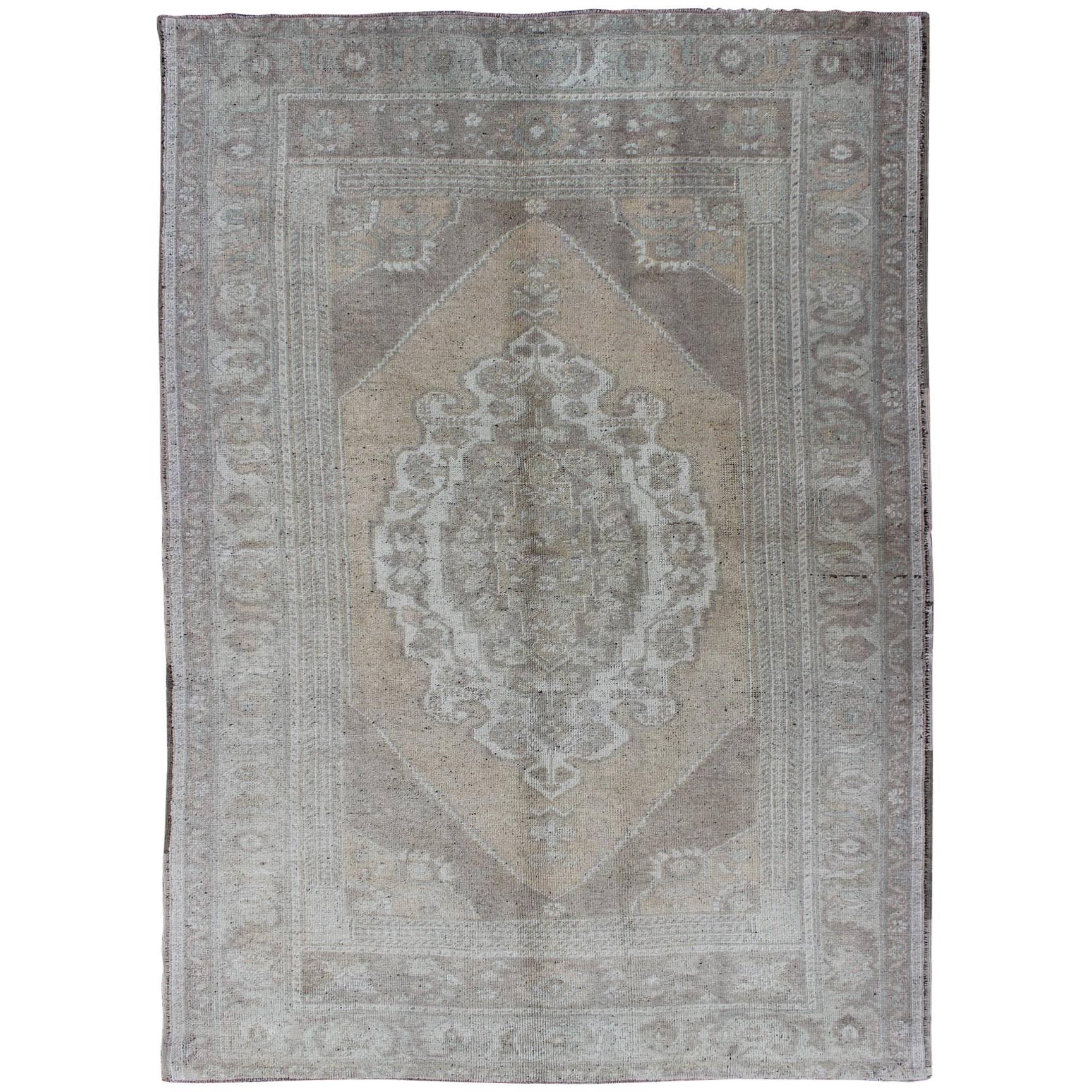 Muted Colors Vintage Turkish Oushak Rug with Medallion Design in Lt. Green For Sale