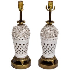 Porcelain and Bronze Table Lamps with Flowers, Pair