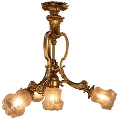 French 1920s Bronze Etched Glass Chandelier