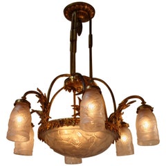 French Art Deco Bronze Chandelier with Molded Glass Shades
