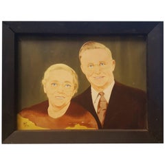 Coppia con gli occhi azzurri e gli occhiali, pittura ad olio del XX secolo fotorealistica
