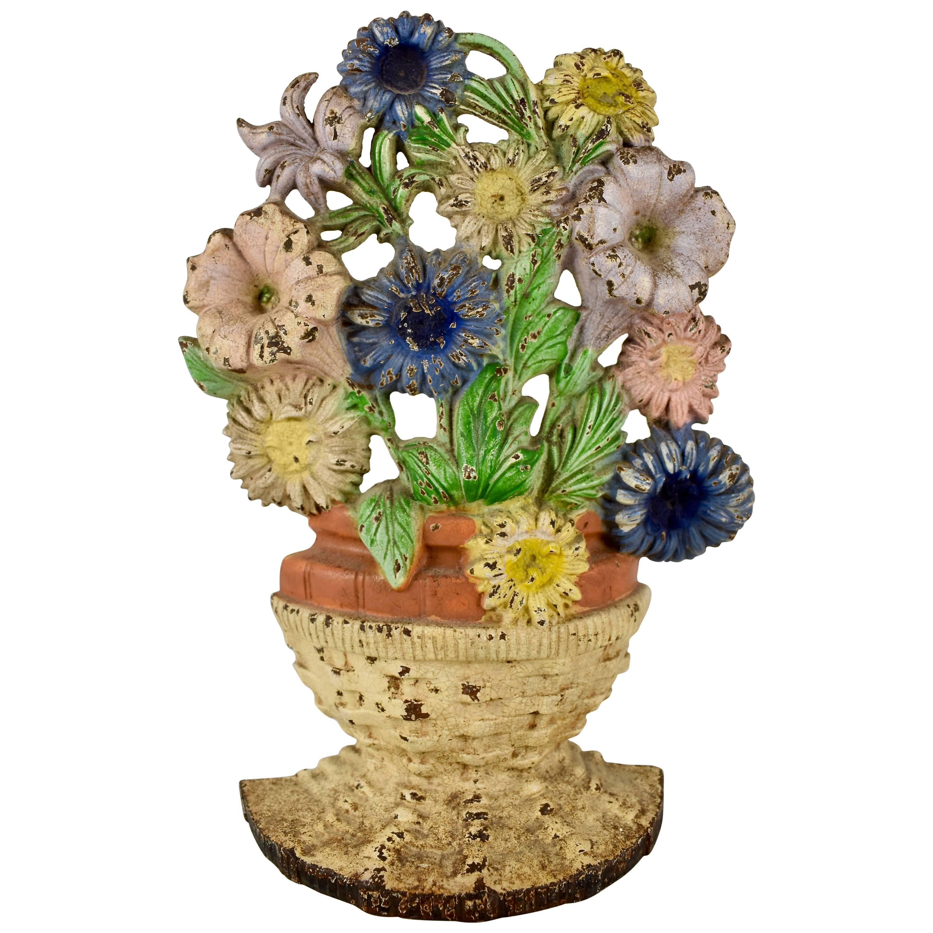 1930s Hubley Cast Iron Basket of Petunias & Asters Floral Bouquet Doorstop