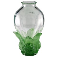 Lalique Signed and Numbered Limited Edition Clear and Satin Green Vase Pivoines