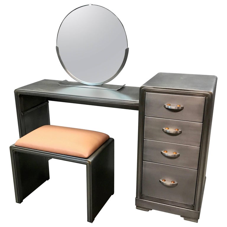 Norman Bel Geddes For Simmons Art Deco Brushed Steel Vanity Desk Set at