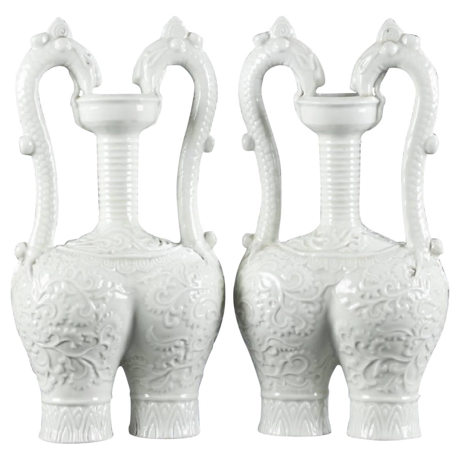 20th Century Blanc de Chine Vases with Unusual Form and Dragon Handles For Sale