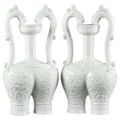 20th Century Blanc de Chine Vases with Unusual Form and Dragon Handles