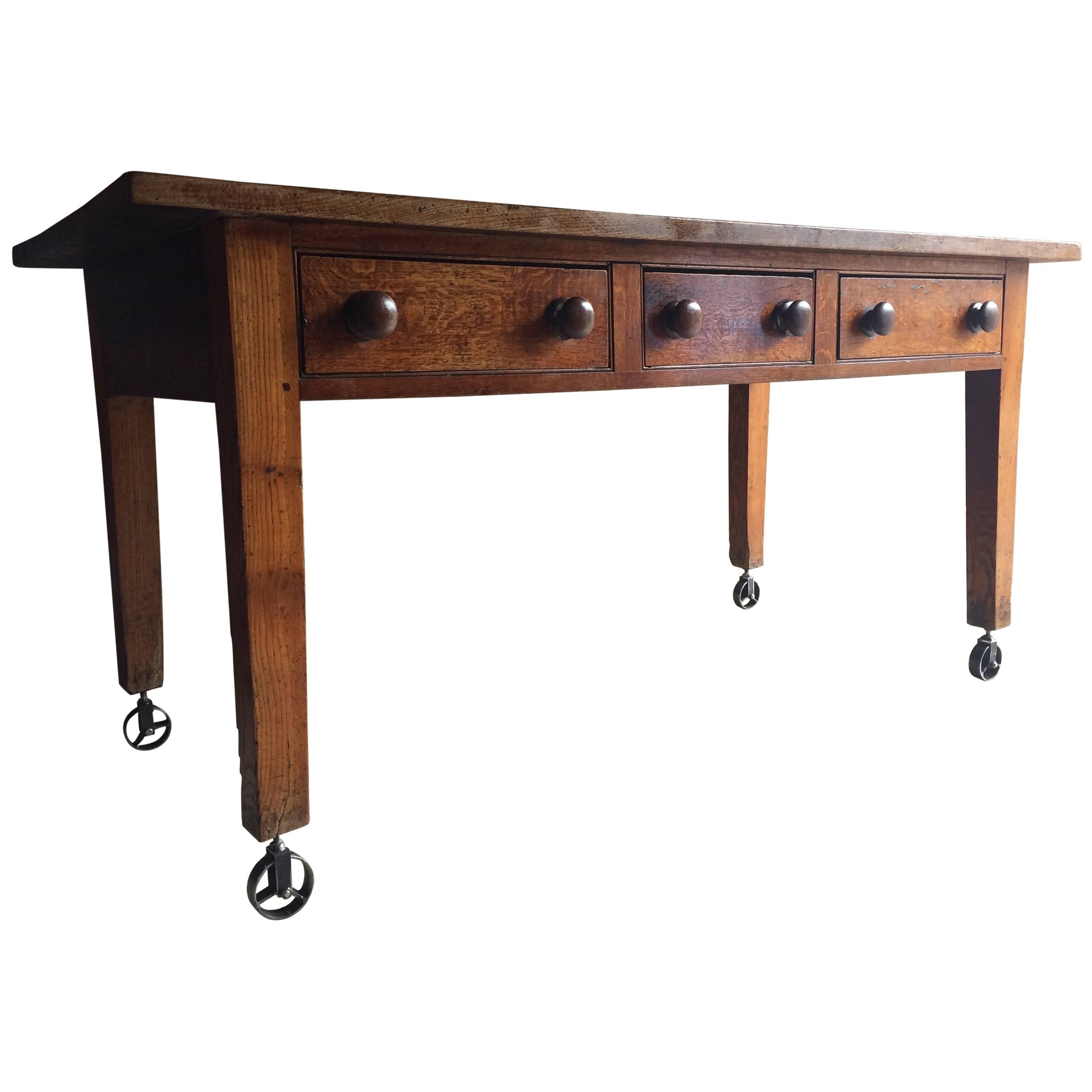 Antique Dining Table, Solid Oak Victorian 19th Century Kitchen Rustic Industrial