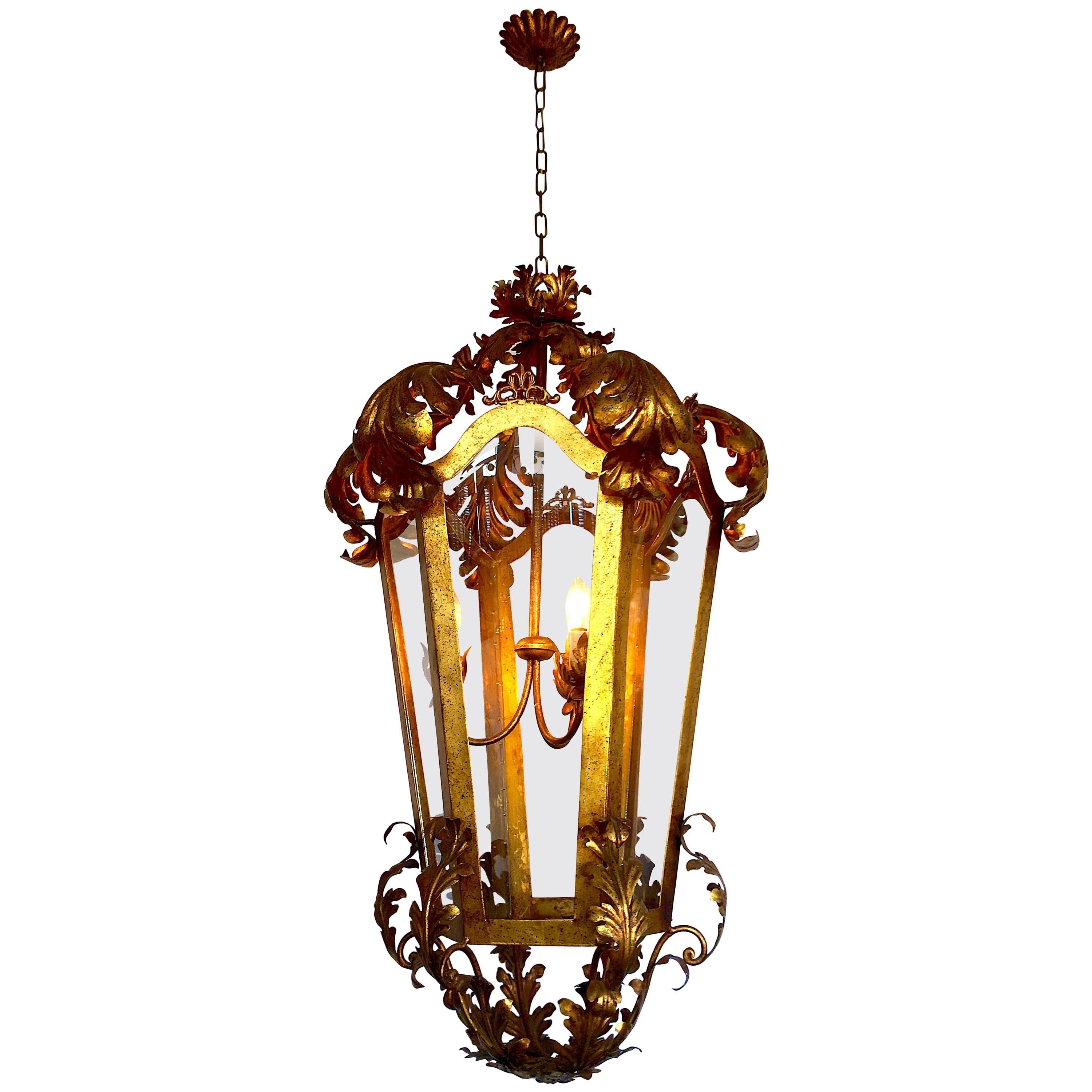Venetian Italian Glass Lantern Gilt Gold Structure 140 cm For Sale