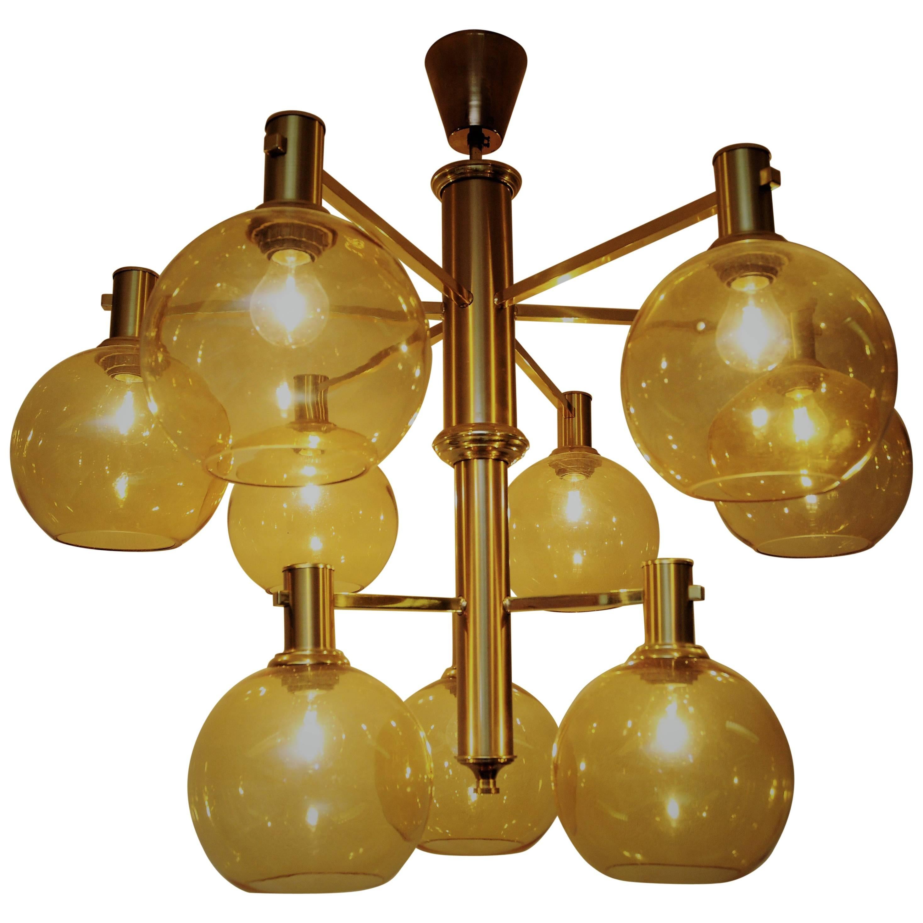 Large Vintage Brass and Glass Ceiling Lamp with golden domes 1960`s, Sweden