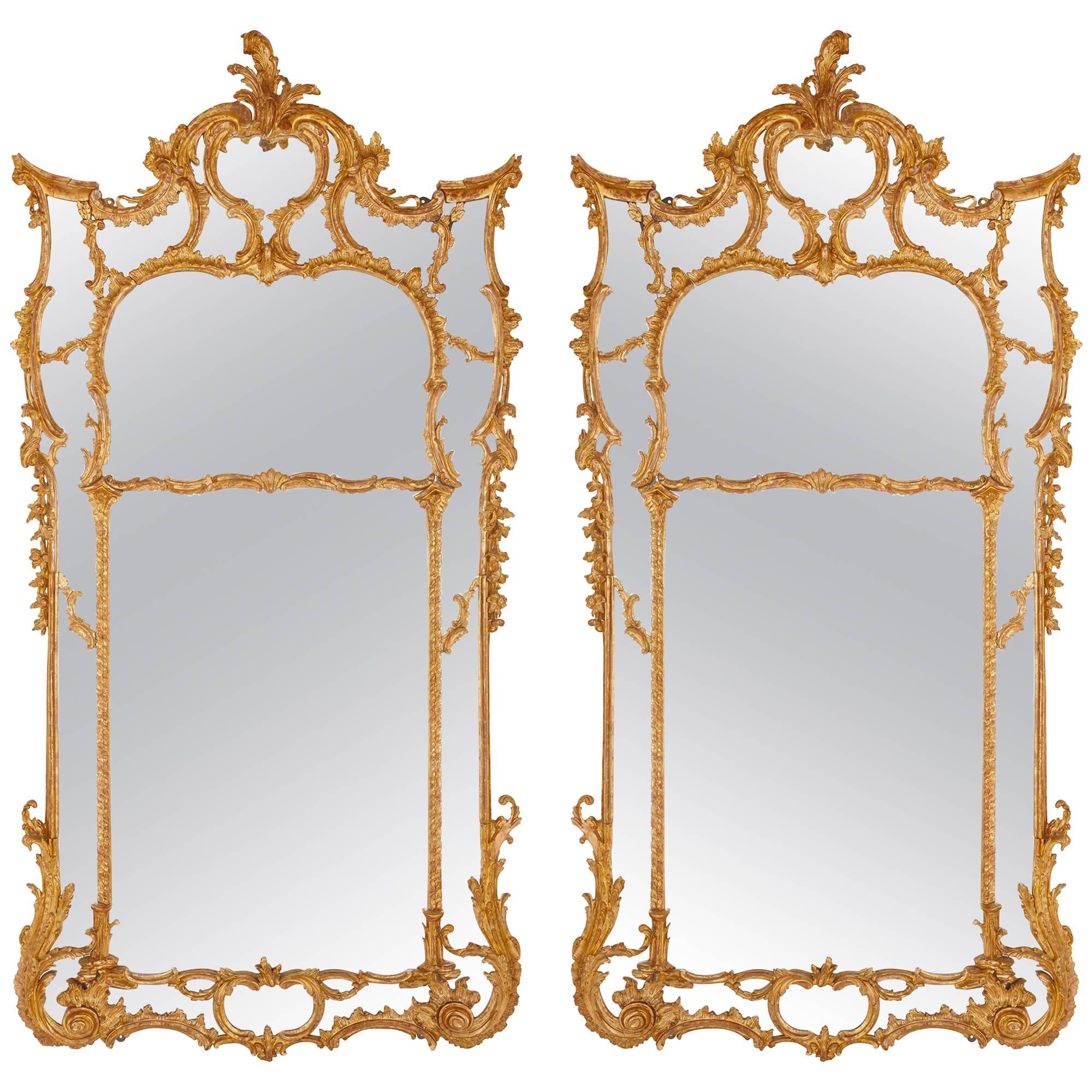 Pair of Large English Antique Giltwood Wall Mirrors in the Rococo Style