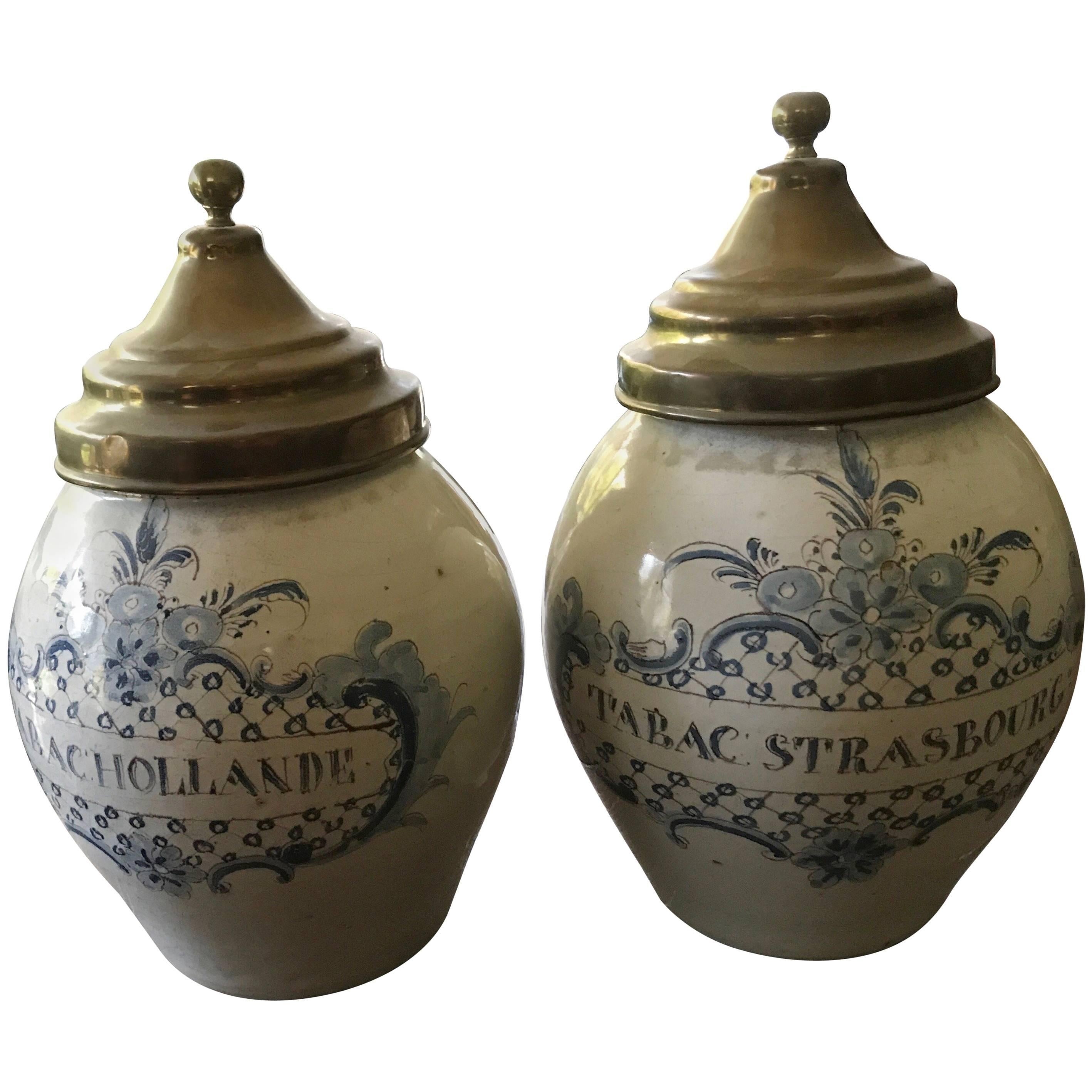 Two Tobacco Jars or Pot 18th Century Delft Blue Probably Strasbourg Made