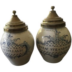 Antique Two Tobacco Jars or Pot 18th Century Delft Blue Probably Strasbourg Made