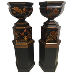 Monumental Pair of Elegant Maitland Smith Hand Painted Urns on Plinths