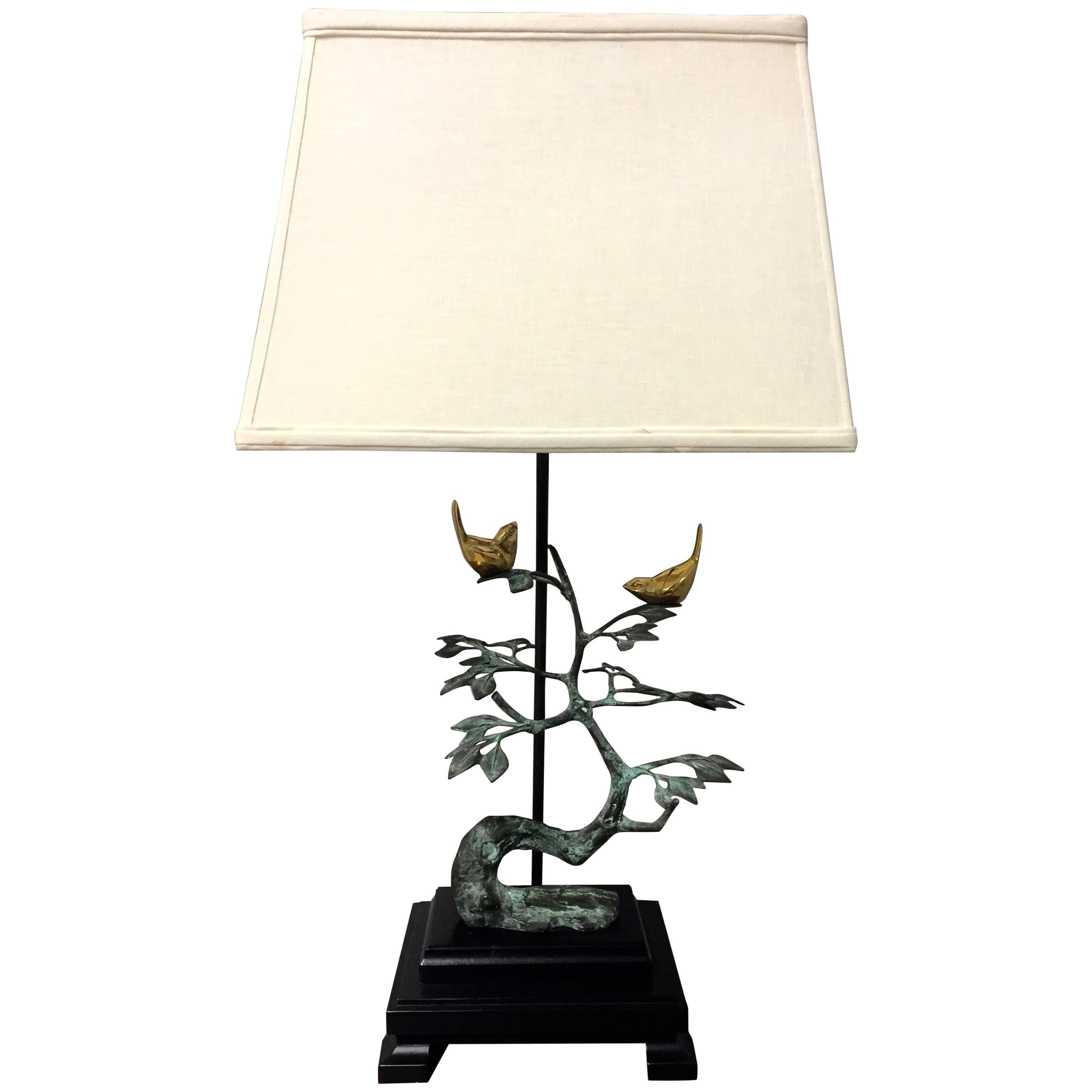Frederick Cooper Birds on Tree Sculptural Brass and Bronze Table Lamp