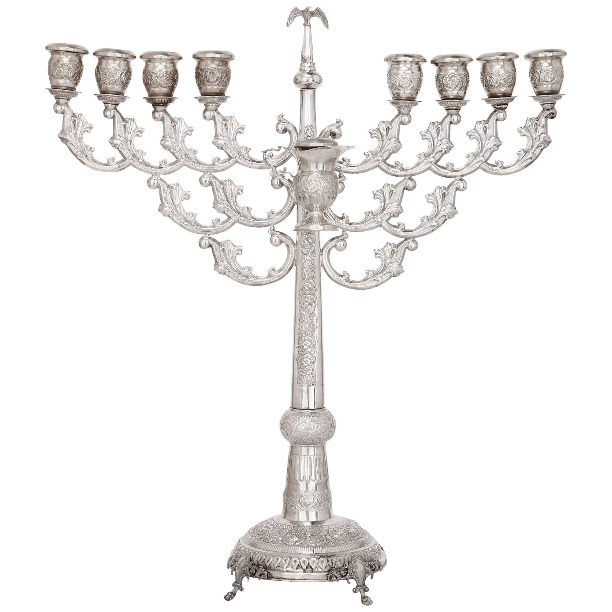 Antique Judaica Hannukah Menorah in Repousse Silver For Sale