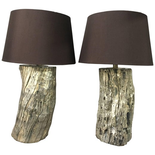 Pair Of Grey Painted Carved Wood, Grey Carved Table Lamp Bases
