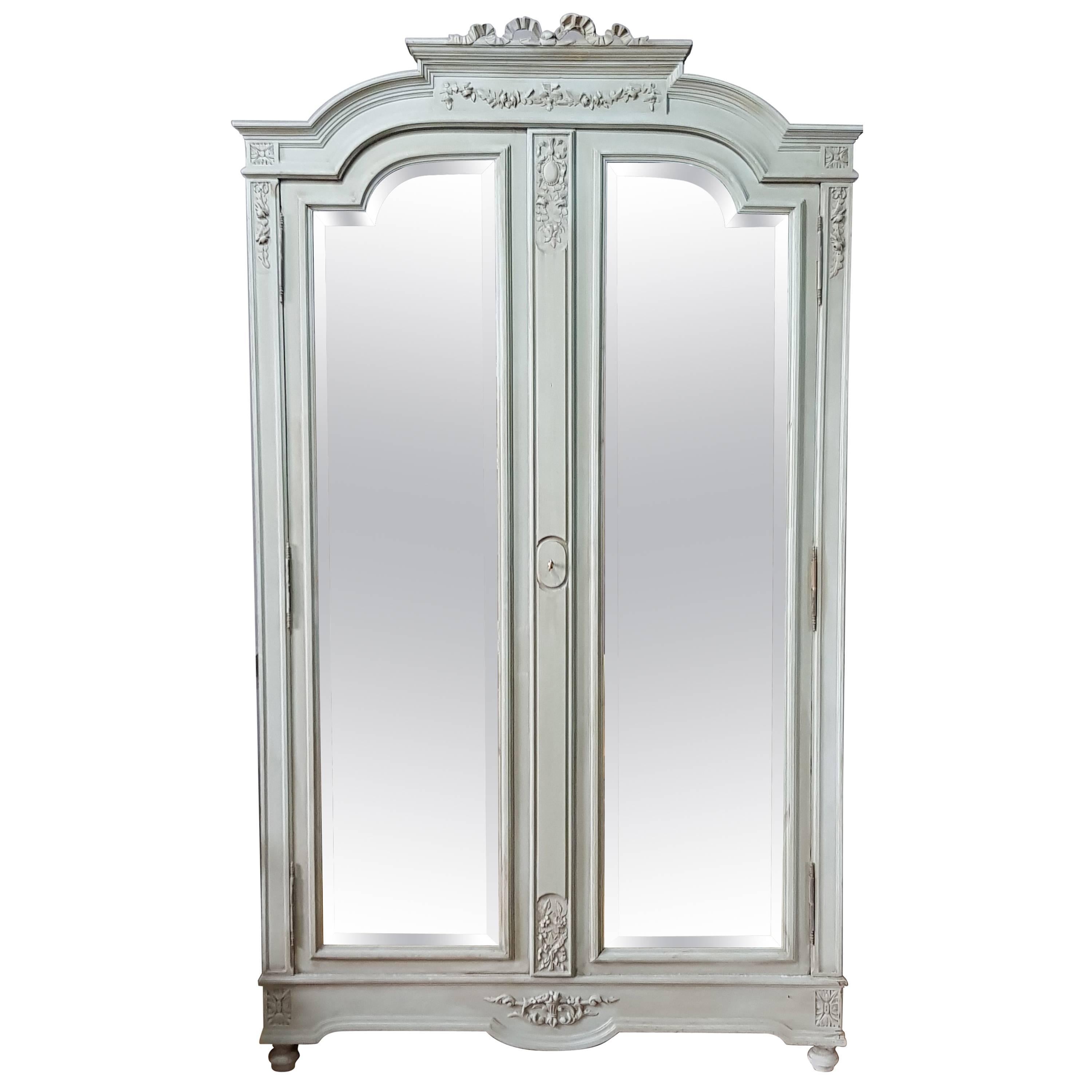 19th Century Painted and Distressed Mirrored Door Armoire