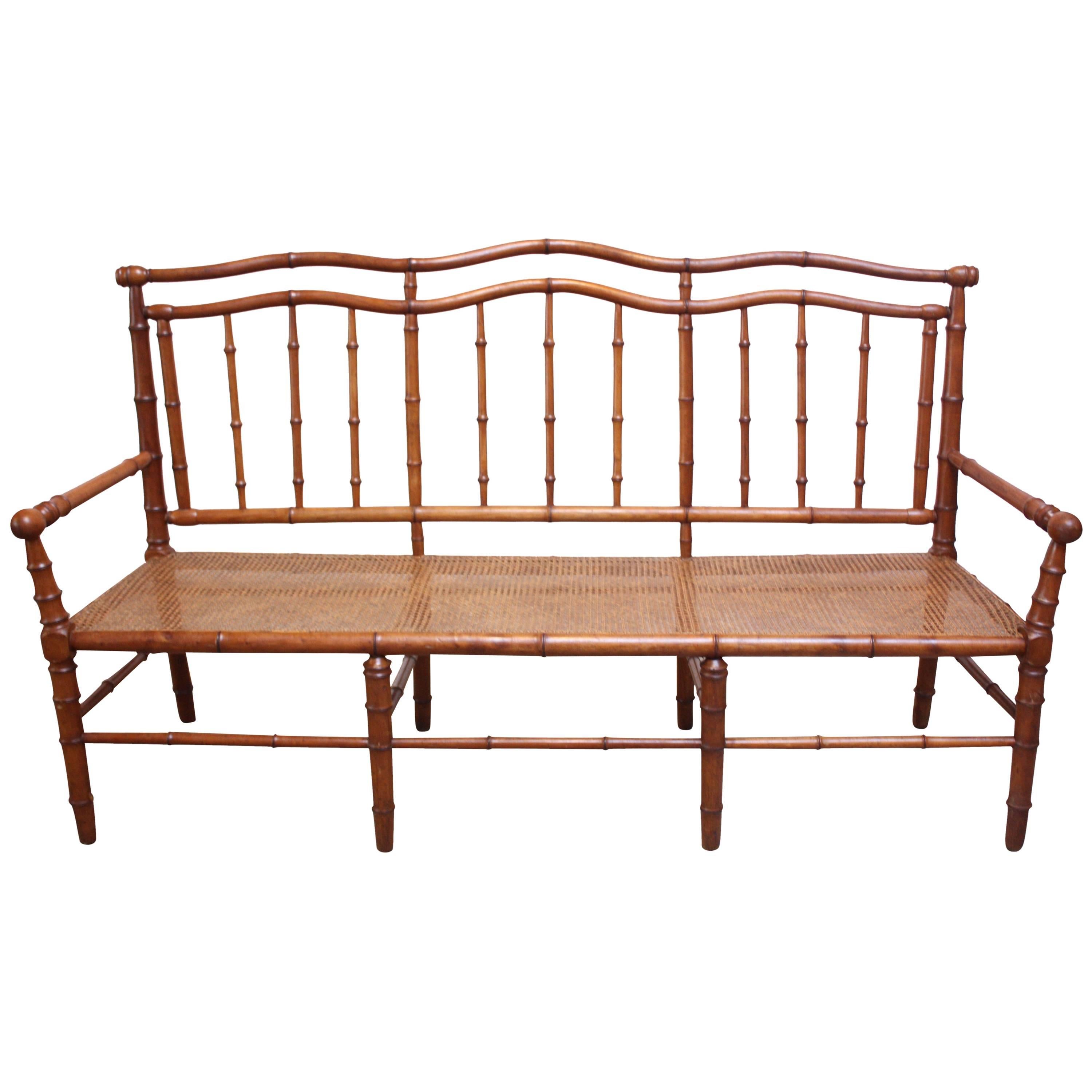 Mid-20th Century Faux-Bamboo Settee Bench in Cherrywood 