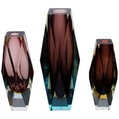 Set of Three Faceted Murano Glass Vases by Sommerso, Italy, circa 1960