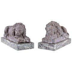 Antique Pair of 19th Century Lead Canova Lions of Marble Plinths