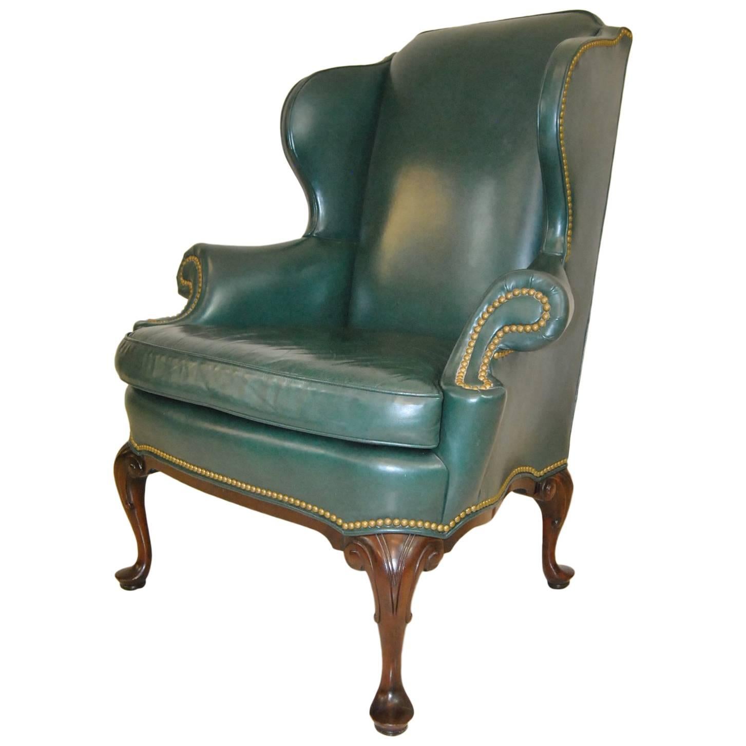 Hancock and Moore Green Leather Wingback Chair with Nailhead Trim