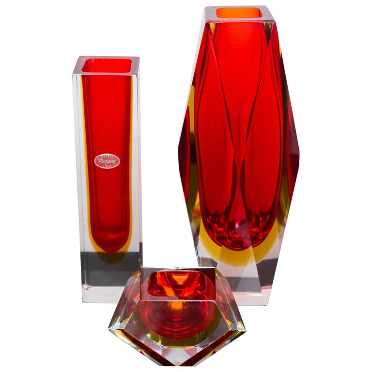 Set of Three Red Color Murano Glass Vases, Prod Sommerso, Italy, circa