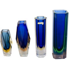 Set of Four Block Faceted Vases, Murano Glass, Prod. Sommerso, Italy, circa 1960