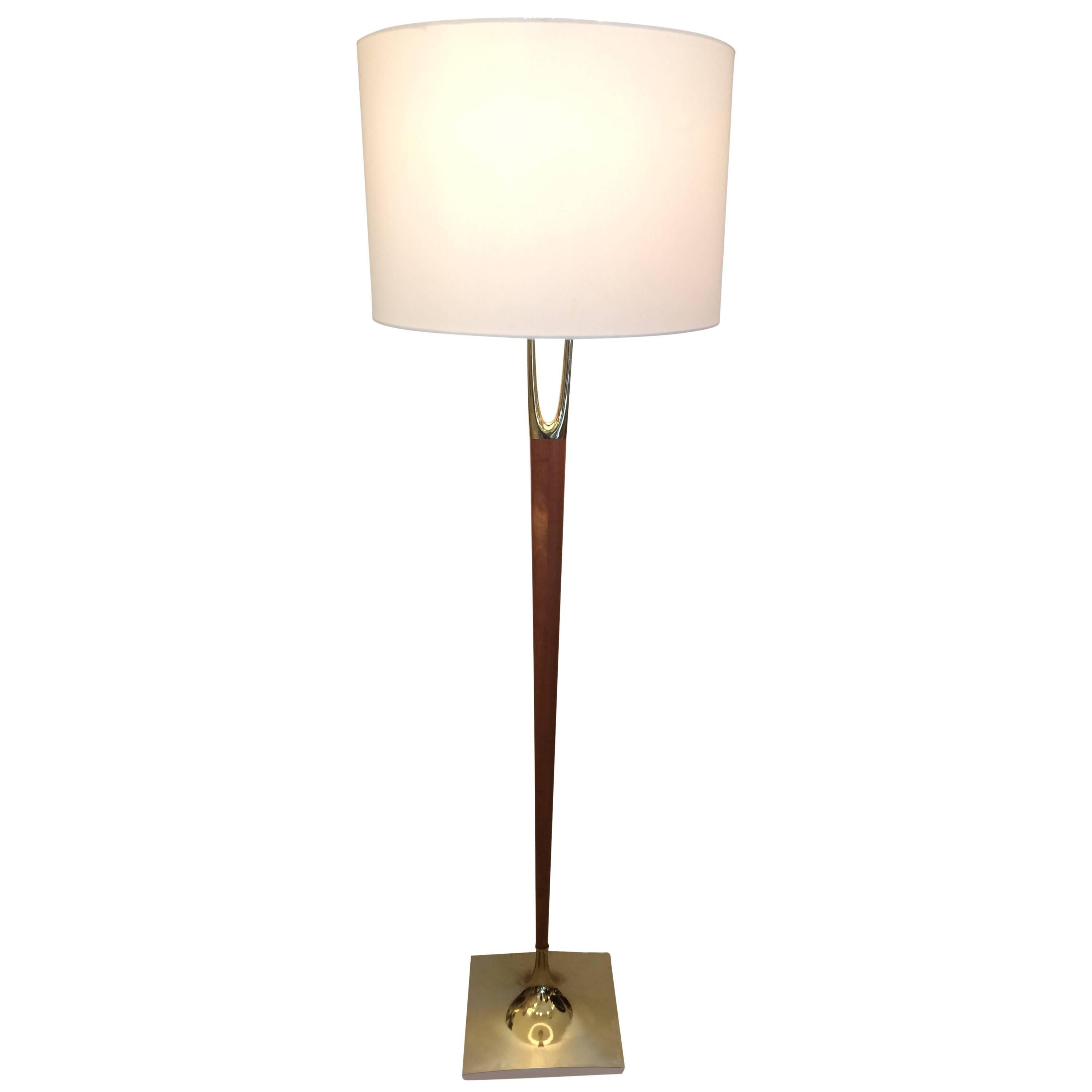 Chic Mid-Century Modern Wishbone Style Teak and Brass Floor Lamp