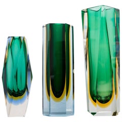 Set of Three Murano Faceted Glass Vases by Sommerso, Italy, circa 1960