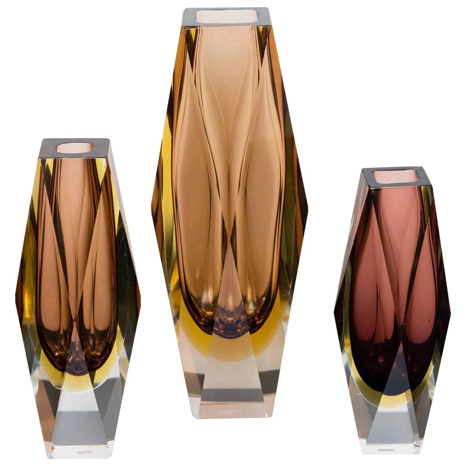 Set of Three Murano Faceted Glass Vases by Sommerso, Italy, circa 1960 For Sale