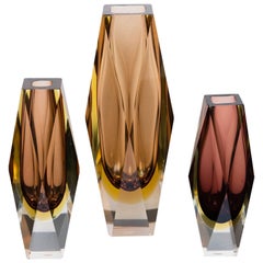 Set of Three Murano Faceted Glass Vases by Sommerso, Italy, circa 1960