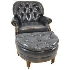 Hancock and Moore Navy Blue Leather Chair and Ottoman