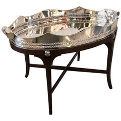 Vintage English Silver Plate Tray Table with Custom Mahogany Base
