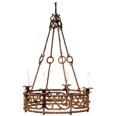 19th Century French Four-Light Gothic Rusty Wrought Iron Round Chandelier