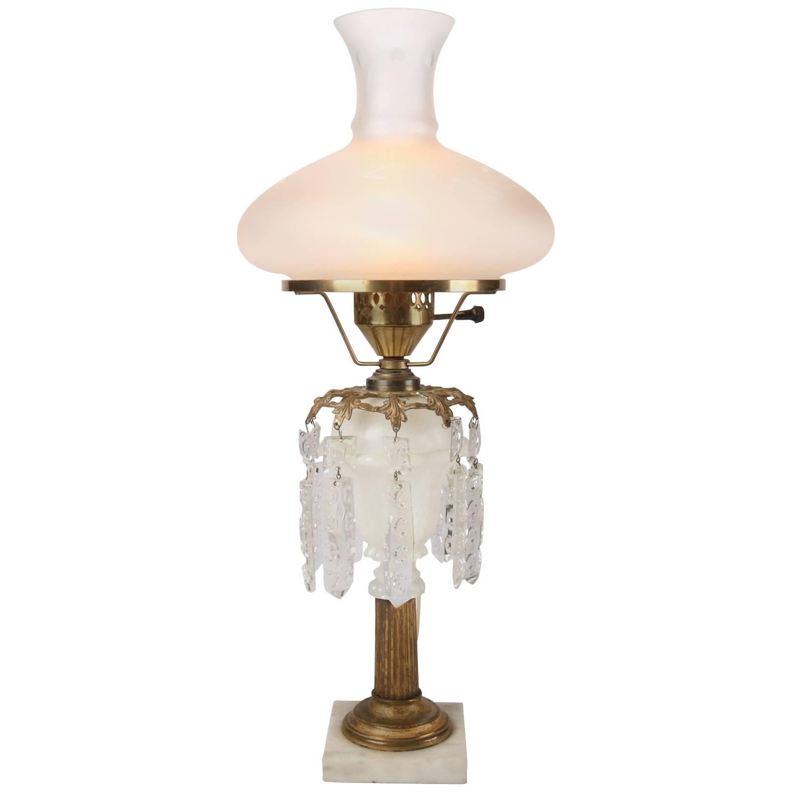 Antique Early Clambroth Font, Gilt Bronze and Crystal Electrified Oil Lamp