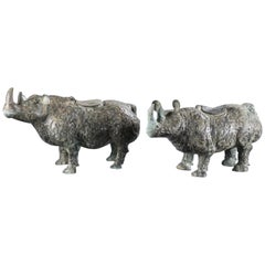 Large Pair of Bronze Chinese Rhinoceros Statues with Decorative Relief Pattern
