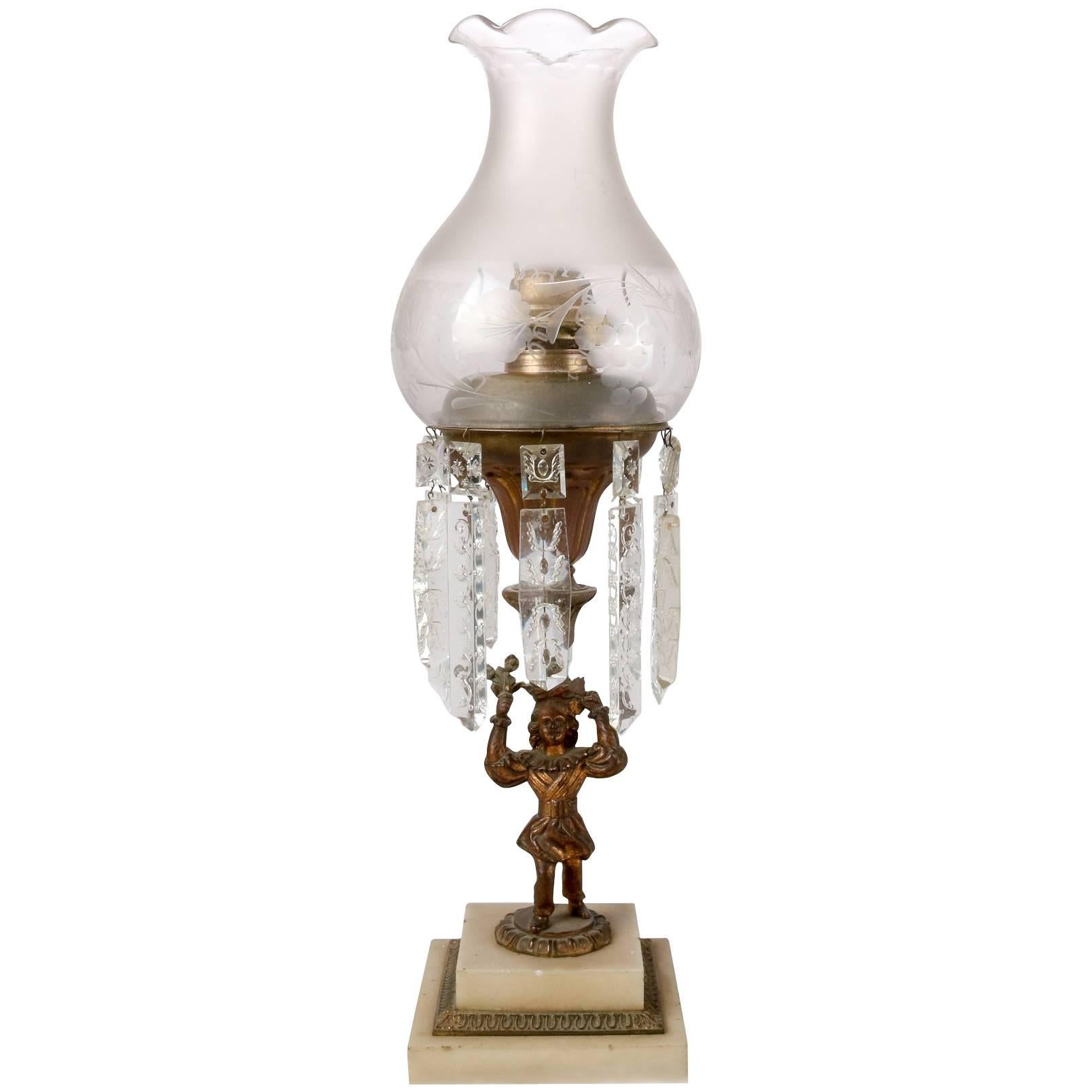 Antique English Early Original Figural Bronze Solar Lamp, Cut-Glass Prisms
