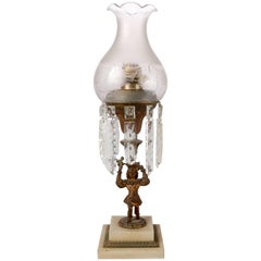 Antique English Early Original Figural Bronze Solar Lamp, Cut-Glass Prisms