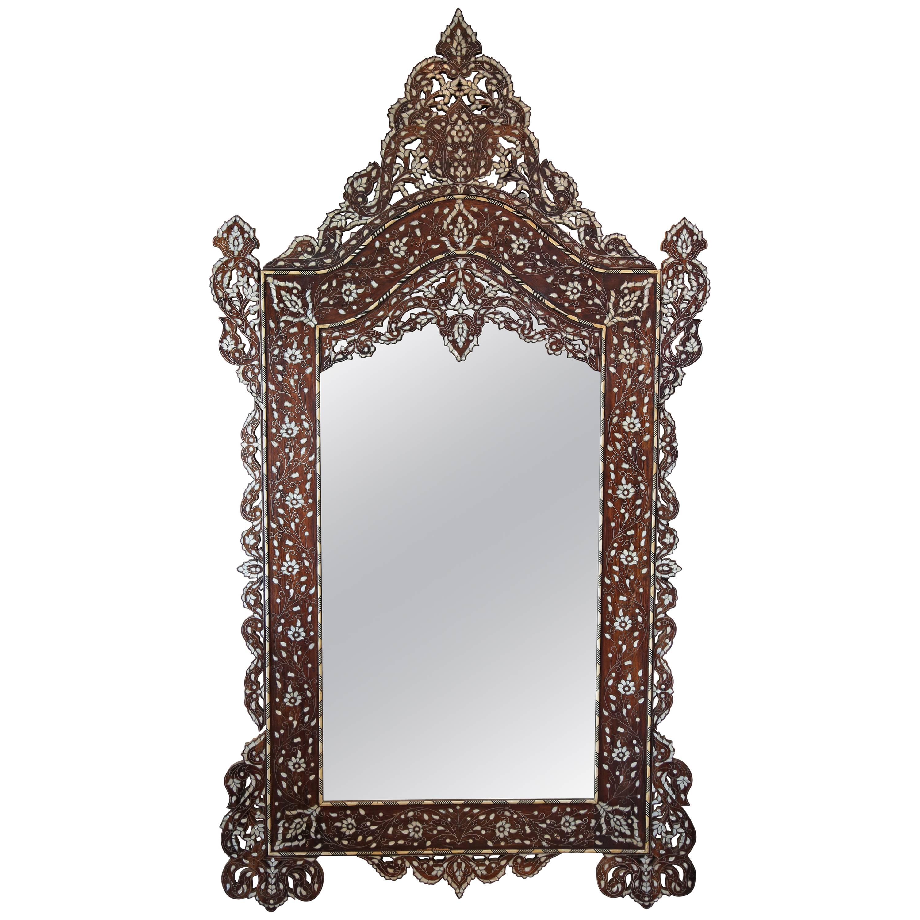 Gorgeous 1900s Syrian Mirror Inlaid with Mother-of-Pearl and Camel Bone