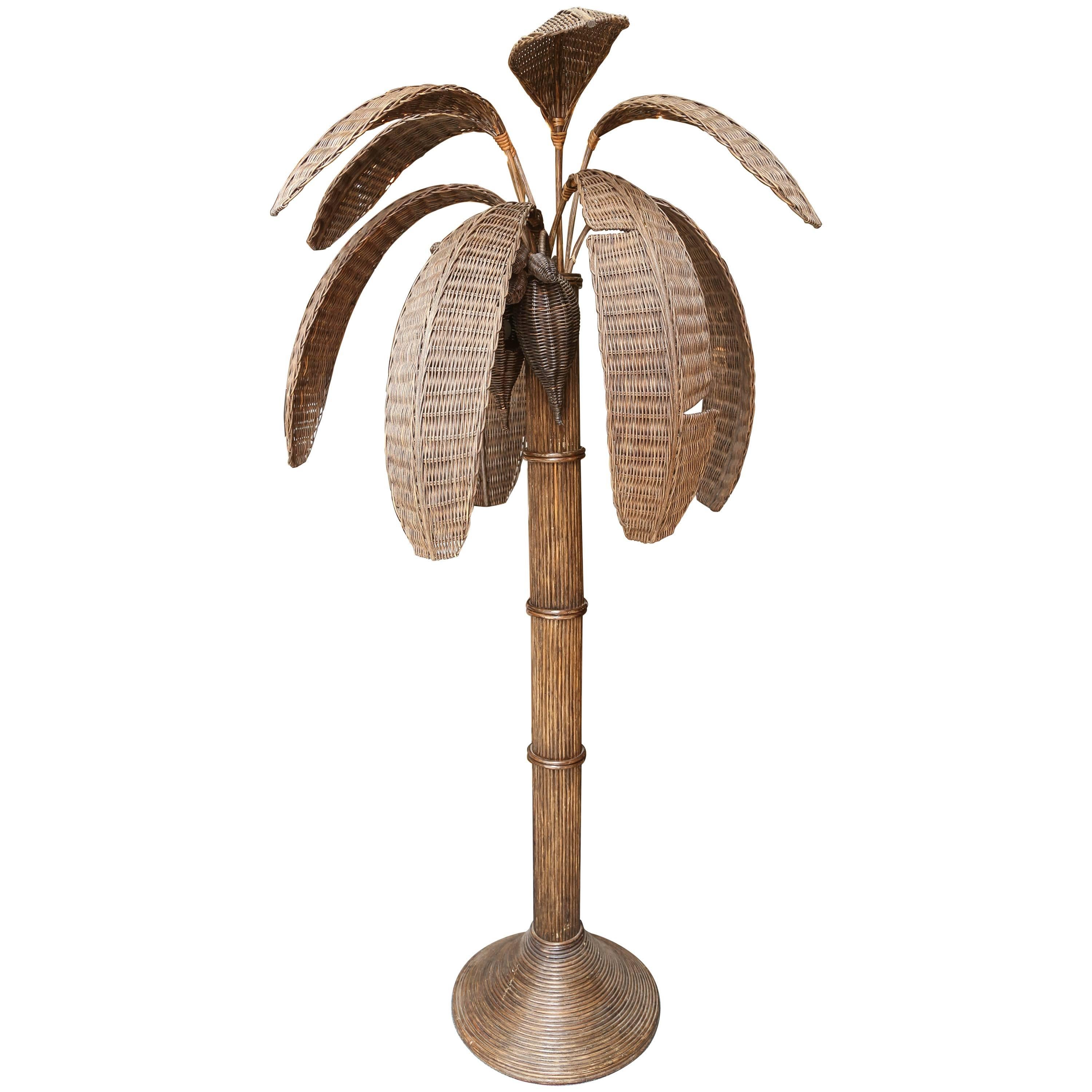 Exotic Vintage Pencil Bamboo and Rattan Banana Tree Floor Lamp
